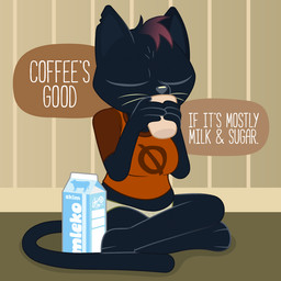 anthro beverage black_body breasts clothed clothing coffee container cup drinking drinking_coffee eyes_closed female holding_container holding_cup holding_object inside milk milk_carton milk_container panties pantsless shirt sitting sitting_on_ground t-shirt tail text thought_bubble thoughts topwear underwear whiskers dm29 night_in_the_woods mae_borowski domestic_cat felid feline felis mammal 1:1 2026 digital_media_(artwork) english_text full-length_portrait portrait