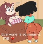 anthro apron apron_only big_breasts big_butt bottomless breasts brown_body butt clothed clothing dreadlocks female femboy male mostly_nude thick_thighs purple_yoshi_draws animal_crossing everyone_is_so_mean_to_me nintendo cushion_(purpsyoshi) sable_able villager_(animal_crossing) eulipotyphlan hedgehog human mammal hi_res meme