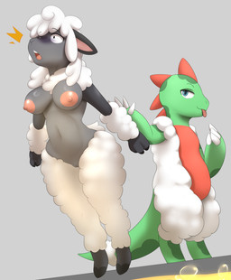 anthro duo female genitals male nipples nude pushing vulva waynekan oskar_(2ndvoice) vishous_(character) bovid caprine hybrid lizard mammal reptile scalie sheep hi_res