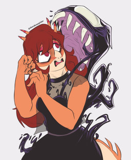 ambiguous_gender anthro clothed clothing corruption dress duo facial_markings female hair head_markings horn long_hair looking_back makeup markings multicolored_body open_mouth orange_body red_eyes red_hair scared sharp_teeth simple_background spiked_tail spikes spikes_(anatomy) surprised tail teeth translucent translucent_clothing two_tone_body deadassspider goodbye_volcano_high ko_op_(game_developer) marvel rosa_(gvh) venom_(marvel) aquilops ceratopsian dinosaur humanoid marginocephalian ornithischian prehistoric_species reptile scalie symbiote thyreophoran crossover sketch