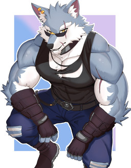 5_fingers anthro arm_scar arm_tuft armor arms_on_legs belt biceps big_muscles black_clothing black_shirt black_tank_top black_topwear blue_bottomwear blue_clothing blue_jeans blue_pants boots border bottomwear cheek_tuft clothing collar countershade_fur countershading crouching denim denim_bottomwear denim_clothing ear_piercing ear_ring ear_tuft elbow_tuft eye_scar eyewear facial_scar facial_tuft fangs fingerless_gloves fingers footwear fur gauntlets glasses gloves gold_(metal) gold_ear_ring gradient_background grey_body grey_fur handwear jeans leather leather_boots leather_clothing leather_footwear leather_gauntlets looking_at_viewer looking_over_glasses looking_over_sunglasses male male_anthro mouth_scar muscle_tone muscular muscular_anthro muscular_male outline pants pecs piercing pince-nez plantigrade ring_piercing scar shirt shoes simple_background solo sunglasses tank_top teeth tight_clothing tight_tank_top tight_topwear topwear torn_bottomwear torn_clothing torn_jeans torn_pants torn_tank_top torn_topwear trapezius triceps tuft white_body white_border white_fur white_outline white_sclera yellow_eyes redd_fur dislyte lilith_games freddy_(dislyte) canid canine canis mammal wolf 2022 colored digital_drawing_(artwork) digital_media_(artwork) hi_res shaded