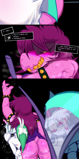 armband axe blush blushing_profusely bodily_fluids bottomless bracelet bubble_butt butt clothed clothing convenient_censorship covering covering_eyes covering_face cum determined dialogue drooling enthusiastic eyelashes freckled_arms freckled_butt freckled_crotch freckled_face freckled_legs freckled_shoulders freckled_tail freckled_thighs freckles genital_fluids jewelry long_eyelashes motion_lines nipple_outline nude one_eye_closed pubes reflection saliva sculpture spiked_armband spiked_bracelet spikes statue steam sweat tail text throwing wiping_mouth yellow_sclera frist44 deltarune undertale_(series) ralsei susie_(deltarune) bovid caprine darkner dinosaur dromaeosaurid goat mammal monster prehistoric_species reptile saurischian scalie theropod absurd_res comic english_text hi_res long_image tall_image
