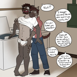 age_difference anthro appliance barefoot blue_bottomwear blue_clothing blue_jeans blue_pants bottomwear briefs chin_tuft clothed clothing clothing_lift collared_shirt denim denim_bottomwear denim_clothing dialogue dress_shirt duo facial_hair facial_tuft feet footwear from_behind_position fur imminent_nudity inside jeans laundry_machine male male/male markings navel open_mouth pants pube_peek pubes pubes_exposed questionable_consent rolled_up_sleeves sex shadow sharp_teeth shirt shirt_lift shocked shoes speech_bubble spots spotted_body spotted_fur standing t-shirt tail teeth thumb_in_waistband topwear tuft underbite underwear undressing_partner washing_machine white_briefs white_clothing white_shirt white_t-shirt white_topwear white_underwear fuze nick_(fuze) hyena mammal spotted_hyena hi_res shaded father_(lore) father_and_child_(lore) father_and_son_(lore) incest_(lore) parent_(lore) parent_and_child_(lore) parent_and_son_(lore) son_(lore)