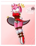 anthro bdsm blush bondage bottomwear bound cleave_gag clothed clothing crotch_rope dialogue exclamation_point female gag hopping panties panty_shot raised_bottomwear raised_clothing raised_skirt restraints rope rope_bondage skirt solo text underwear darkman-zero sega sonic_the_hedgehog_(series) amy_rose eulipotyphlan hedgehog mammal english_text hi_res