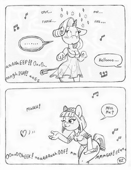 anthro big_butt blowing_kiss blush blush_lines breasts butt clothed clothed_anthro clothed_female clothing cutie_mark dialogue duo female floating_heart fully_clothed fully_clothed_anthro fully_clothed_female heart_symbol horn inhibitor_ring lingerie magic_inhibitor magic_suppression music musical_note musical_symbol nightgown pain panties speech_bubble symbol text translucent translucent_clothing translucent_lingerie underwear unicorn_horn wailing whining circe_(artist) friendship_is_magic hasbro my_little_pony mythology blue_nile_(mlp) rarity_(mlp) earth_pony equid equine horse mammal mythological_creature mythological_equine pony unicorn black_and_white comic english_text monochrome traditional_media_(artwork)