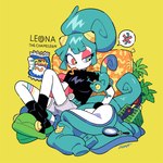 ambiguous_gender anthro breasts candy clothed clothing coiled_tongue dessert duo eating female feral food gummy_(food) gummy_worm magnifying_glass non-mammal_breasts simple_background text yellow_background nelnal leona_(nelnal) chameleon lizard reptile scalie 1:1 character_name hi_res pictographics