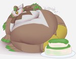 anthro avian belly big_belly blush bodily_fluids brown_body brown_hair cake chubby_cheeks chunkyfunkys deep_navel dessert eyewear feather_hands feathers food generation_4_pokemon glasses green_body green_hair green_highlights green_scarf hair hi_res highlights_(coloring) lime_(localstarlyfan) lying male moobs morbidly_obese morbidly_obese_anthro morbidly_obese_male mostly_nude multicolored_body multicolored_hair navel nintendo obese obese_anthro obese_male on_ground onomatopoeia overweight overweight_anthro overweight_male plate pokemon pokemon_(species) rumbling_stomach scarf scarf_only simple_background solo sound_effects staraptor sweat text two_tone_hair white_background white_body