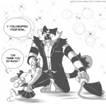 anthro bow_(feature) bow_accessory clothing duo ear_bow female high_school_uniform male school_uniform size_difference smile text uniform miniyunart nintendo pokemon brionne felid generation_7_pokemon incineroar mammal marine pinniped pokemon_(species) 2016 black_and_white english_text monochrome