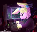 anthro chair clothing computer electronics furniture hacker hacking hair headgear headphones headset keyboard male monitor soft_drink solo suit text topwear typing vest senz lagomorph leporid mammal mouse murid murine rabbit rodent 2017 hi_res url