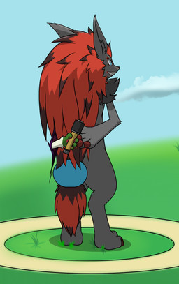 3_toes 4_fingers ambiguous_gender anthro blue_eyes cloud duo ear_tuft explosives feet fingers fur grass grass_field green_body green_fur grenade grey_body grey_fur hair inner_ear_fluff long_ears long_hair markings paws plant red_hair sky skyscape toes tuft weapon kyshan_(artist) nintendo pokemon canid canine floragato generation_5_pokemon generation_9_pokemon mammal pokemon_(species) zoroark absurd_res hi_res