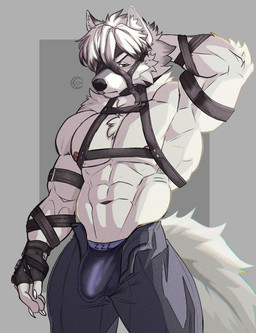 abs anthro areola armband bangs barazoku biceps big_bulge big_muscles border bottomwear bulge claws clothed clothing detailed_bulge fingerless_gloves frown fur genital_outline gloves grey_background grey_border hair hand_behind_head handwear harness leather looking_at_viewer male mask muscular muscular_anthro muscular_male navel nipples obliques pants pecs penis_outline serratus simple_background solo standing straps thick_arms thick_thighs topless topless_anthro topless_male triceps tuft underwear unzipped zipper classicmuzzle_(artist) mihoyo zenless_zone_zero von_lycaon canid canine canis mammal wolf 2024 hi_res watermark