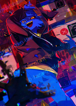 anthro biped blue_body claws clothing disembodied_hand duo dutch_angle female glowing glowing_eyes hoodie lock_symbol male open_mouth orange_eyes outside pupils reaching_towards_another screen sharp_teeth slit_pupils solo_focus teeth topwear yellow_claws apricot4 digital_media_(artwork) hi_res