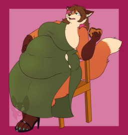 anthro bare_shoulders belly big_belly big_breasts biped black_clothing black_footwear black_high_heels bloated border breasts brown_ears brown_hair brown_markings burger chair clothed clothed_anthro clothed_female clothing dipstick_tail dress eating female female_anthro food footwear fur furniture gloves_(marking) green_clothing green_dress hair high_heels highlights_(coloring) holding_burger holding_food holding_object leg_markings markings obese obese_anthro obese_female on_chair orange_body orange_fur orange_tail overweight overweight_anthro overweight_female red_background red_border red_highlights shoes simple_background sitting sitting_on_chair socks_(marking) solo tail tail_markings thick_thighs tight_clothing weight_gain strawberrymilkdog chiara_nowak canid canine fox mammal red_fox true_fox 2023 hi_res