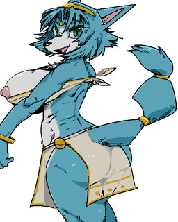 accessory anthro big_breasts blue_body blue_fur blue_hair bottomwear bracelet breasts butt clothed clothing countershade_face countershade_torso countershading female fur furgonomics gold_(metal) gold_jewelry green_eyes hair hair_accessory hairband huge_breasts jewelry kemono loincloth looking_at_viewer looking_back nipple_slip nipples ring short_hair side_boob simple_background skimpy solo tail tail_accessory tail_jewelry tail_ring wardrobe_malfunction white_background yuureidooru nintendo star_fox krystal_(star_fox) canid canine canis fox mammal 2020 4:5 aliasing digital_media_(artwork)