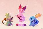 ambiguous_gender feral fur green_body green_fur group pink_background simple_background starter_trio trio white_body white_fur uno_yuuji nintendo pokemon amphibian generation_8_pokemon grookey lagomorph mammal pokemon_(species) primate scorbunny sobble