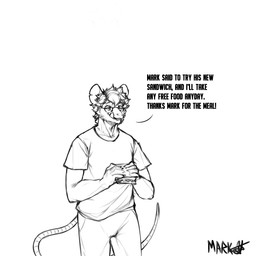 5_fingers anthro biped black_text bottomwear buckteeth clothed clothing dark_text dialogue eyewear fingers food fully_clothed fur fur_tuft glasses hair holding_food holding_object holding_sandwich humanoid_hands licking licking_lips licking_own_lips long_tail male pants sandwich_(food) self_lick shirt short_hair simple_background snout solo standing t-shirt tail talking_to_self teeth text thin_tail tongue tongue_out topwear tuft wearing_eyewear wearing_glasses white_background marvolk mammal murid murine rat rodent 1:1 2020 digital_media_(artwork) english_text hi_res monochrome signature sketch