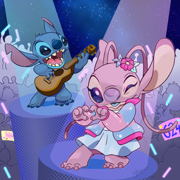 4_toes acoustic_guitar antennae_(anatomy) antennae_markings anthro biped blue_body blue_bottomwear blue_clothing blue_eyes blue_finger_claws blue_fur blue_nose blue_skirt blue_toe_claws blue_tongue bottomwear claws clothing crowd duo_focus ear_markings eyelashes feet female finger_claws flower_on_head fur gesture glowstick group guitar happy head_tuft heart_gesture heart_symbol hidden_mickey holding_guitar holding_musical_instrument holding_object jacket long_antennae looking_at_viewer male markings musical_instrument notched_ear one_eye_closed pink_body pink_tongue plucked_string_instrument purple_claws purple_eyes purple_finger_claws purple_nose purple_toe_claws sharp_teeth sign silhouette skirt sparkles sparkling_clothing sparkling_jacket spotlight standing star_symbol string_instrument teeth toe_claws toes tongue topwear tuft wink winking_at_viewer harara disney glitter_glide lilo_and_stitch angel_(lilo_and_stitch) clyde_(lilo_and_stitch) jumba_jookiba mickey_mouse reuben_(lilo_and_stitch) stitch_(lilo_and_stitch) wendy_pleakley alien experiment_(lilo_and_stitch) 1:1 2026 absurd_res digital_drawing_(artwork) digital_media_(artwork) hi_res japanese_description signature