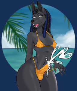 anthro balls_outline beach bikini bikini_bottom bikini_pull bikini_thong bikini_top bodily_fluids bulge clothed clothing clothing_pull crossdressing cum cum_in_clothing cum_through_clothing detailed_background detailed_bulge dreadlocks ejaculation erection erection_under_clothing femboy genital_fluids genital_outline hands-free male nipple_outline penis_in_panties penis_outline public public_erection seaside skimpy_bikini solo string_bikini swimwear swimwear_pull tenting thick_thighs two-piece_swimsuit water wet wet_clothing wide_hips yuuneechan801 deadman_joe_velasquez anubian_jackal canid canine canis jackal mammal alpha_channel hi_res