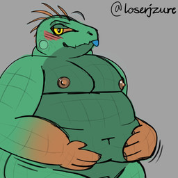 anthro belly belly_rub male moobs overweight overweight_male solo standing loserjzure lizard reptile scalie 1:1 hi_res