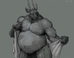 anthro belly belly_hair big_belly body_hair bottomwear chest_hair clothing male musclegut muscular navel solo towel tribal tribal_clothing pacific_coyote kent_(pacific_coyote) deer mammal 2023 monochrome painting_(artwork) signature