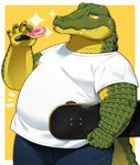 anthro blush bodily_fluids clothing dessert doughnut fangs food male overweight overweight_anthro overweight_male pastry pawpads paws shirt simple_background skateboard solo sweat t-shirt teeth topwear vehicle nikiciy crocodile crocodilian reptile scalie hi_res