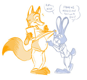 3_toes 4_fingers anthro belly beverage big_belly bottomwear clothed clothed_anthro clothed_female clothed_male clothing clothing_lift dialogue duo feet female female_anthro fingers fur hindpaw humanoid_hands male male_anthro navel overweight overweight_anthro overweight_male pants paws shirt shirt_lift speech_bubble standing text toes topwear jaymzeecat disney zootopia judy_hopps nick_wilde canid canine european_rabbit fox lagomorph leporid mammal oryctolagus rabbit red_fox true_fox absurd_res english_text hi_res