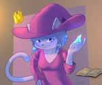 blue_body blue_eyes book breasts casting_spell clothing crown female glowing_finger hat headgear headwear inner_ear_fluff looking_at_viewer magic_user malicious purple_clothing simple_background solo tail tuft witch witch_hat catsockjus cat_witch_(smekbo) felid feline mammal 6:5