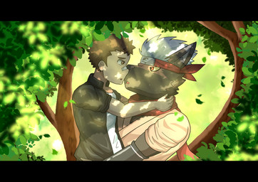 almost_kissing anthro asian_clothing black_bars carrying_another carrying_partner clothing duo east_asian_clothing interspecies looking_at_another male male/male romantic romantic_couple dragokaizer666 lifewonders tokyo_afterschool_summoners bandaid_protagonist_(tas) protagonist_(tas) tadatomo_(tas) canid canine canis domestic_dog human mammal absurd_res hi_res letterbox