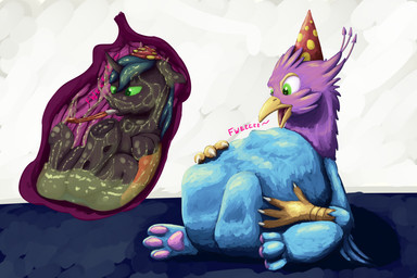 abdominal_bulge avian_feet beak blue_body bodily_fluids clothing duo feathered_crest feathered_wings feathers feral feral_pred feral_prey fully_inside green_eyes hat head_crest headgear headwear inside_stomach internal male male_pred male_prey noisemaker organs party_hat paws pink_body quadruped same_size_vore stomach stomach_acid vore wings doesnotexist gyrotech friendship_is_magic hasbro my_little_pony mythology gyro_feather xodious arthropod avian bird changeling_(mlp) galliform gryphon mythological_avian mythological_creature peafowl phasianid 3:2 digital_media_(artwork) digital_painting_(artwork) hi_res painting_(artwork)