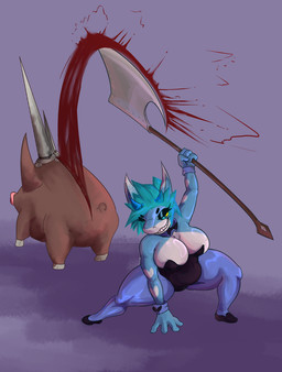 anthro axe big_breasts big_butt blood blood_from_wound blood_splatter blue_eyes bodily_fluids breasts bunny_costume butt clothing costume eyelashes female gore hair half-closed_eyes horn latex legwear lingerie looking_down narrowed_eyes playboy_bunny playboy_outfit shark_teeth short_hair shortstack simple_background skinsuit smile solo stockings striped_body stripes stripper striptease teeth thick_thighs tight_clothing wounded yellow_eyes taixra atlyss aquatic fish imp_(atlyss) mekboar shark hi_res