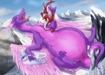 3_toes belly big_belly feathered_wings feathers feet female feral fur group huge_belly hyper hyper_belly lifting_another mountain outside purple_body red_body snow tail toes white_body wings hyhlion european_mythology mythology stardust dragon furred_dragon furred_scalie mythological_creature mythological_scalie scalie western_dragon