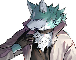 anthro blue_body blue_eyes blue_fur clothed clothing collar countershading fur gloves handwear male simple_background solo white_body white_fur chung0_0 brand_new_animal studio_trigger shirou_ogami canid canine canis mammal wolf 2020 hi_res