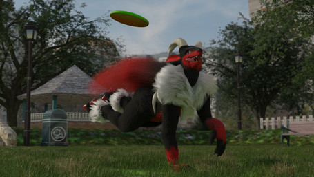 ambiguous_gender anthro black_body black_fur frisbee fur hair horn multicolored_body multicolored_fur outside ponytail red_body red_fur running solo teeth tongue tongue_out white_body white_fur doublestuffed palworld pocketpair incineram pal_(species) 16:9 3d_(artwork) blender_(artwork) digital_media_(artwork) hi_res widescreen