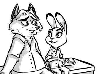 :3 anthro cheek_tuft clothed clothing cutlery dessert dipstick_ears duo ear_markings eye_contact facial_tuft food fork kitchen_utensils looking_at_another male multicolored_ears pastry pie plate simple_background sitting smile tools tuft white_background inkyfrog disney zootopia gideon_grey judy_hopps canid canine fox lagomorph leporid mammal rabbit red_fox true_fox 2016 black_and_white monochrome