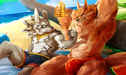 abs anthro armpit_hair beach biceps body_hair bottomwear bulge bulge_size_difference clothed clothing countershading detailed_background duo flexing food fruit hands_behind_head jewelry male melon muscular muscular_anthro muscular_male necklace palm_tree pecs plant seaside shorts speedo swimwear topless tree watermelon waddledox lifewonders puzzle_and_dragons tokyo_afterschool_summoners set_(puzzle_and_dragons) seth_(tas) canid canine canis jackal mammal 5:3 absurd_res hi_res