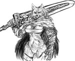 5_fingers abdominal_scar anthro armor bandeau bent_arm big_sword bikini bikini_bottom biped breasts cheek_scar cloak clothed clothed_anthro clothed_female clothing crossgender eye_scar eyebrows facial_scar female fingers fluffy front_view fur fur_tuft gauntlets gloves greatsword hair handwear holding_melee_weapon holding_object holding_sword holding_weapon humanoid_hands looking_at_viewer medium_breasts melee_weapon mouth_closed mtf_crossgender navel scar snout solo standing swimwear sword topwear tuft two-piece_swimsuit unconvincing_armor weapon ketsuneko elden_ring fromsoftware blaidd_(elden_ring) canid canine canis mammal wolf 2023 digital_drawing_(artwork) digital_media_(artwork) hi_res monochrome portrait three-quarter_portrait