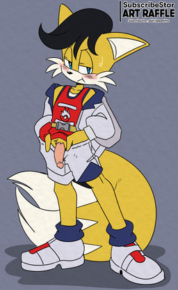 alternate_costume annoyed anthro blush bodily_fluids bottomwear bottomwear_pull clothing clothing_pull cosplay exposed fingerless_gloves flaccid flustered furrowed_eyebrows genitals gloves half-closed_eyes handwear looking_at_viewer male narrowed_eyes one_glove penis shorts shorts_pull solo standing sweat sweatdrop pepamintop archie_comics nintendo pokemon sega sonic_the_hedgehog_(archie) sonic_the_hedgehog_(comics) sonic_the_hedgehog_(series) kieran_(pokemon) miles_prower_(anti-tails) canid canine fox mammal red_fox true_fox absurd_res hi_res