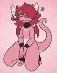 anthro blush crouching ear_piercing eyeshadow fangs female flat_chested freckled_hips freckled_shoulders freckles grumpy hair heart_(marking) heart_nose heart_symbol looking_at_viewer makeup markings piercing pink_body red_hair small_wings solo teeth wide_hips wings nerdyreindeer bat imp mammal hi_res