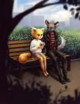 anthro bench beverage blouse bottomwear clothed clothing coffee detailed_background duo female fluffy fluffy_tail footwear fur jacket looking_at_another male on_bench outside pants park skirt tail topwear ritsuxz aggretsuko sanrio haida_(aggretsuko) retsuko ailurid hyena mammal red_panda spotted_hyena 2019 hi_res