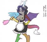 anthro anthrofied blue_body blue_feathers breasts clothing crossgender feathered_wings feathers female maid_uniform membrane_(anatomy) membranous_wings mismatched_wings nipples solo tail tail_tuft tuft uniform wings garam friendship_is_magic hasbro my_little_pony discord_(mlp) chimera draconequus