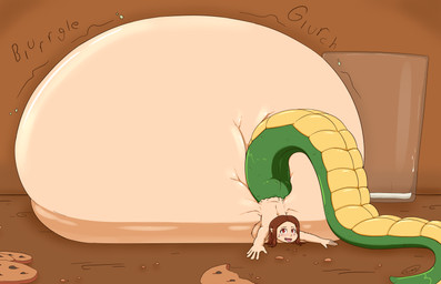 apode belly big_belly brown_background brown_hair female hair huge_belly hyper hyper_belly legless overweight serpentine simple_background solo split_form axlwisp draconcopode lamia reptile scalie snake 2019 absurd_res hi_res
