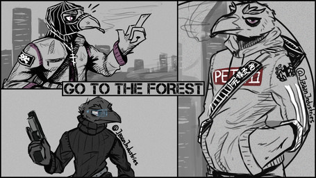 anthro beak black_body black_border black_feathers border cigarette city city_background cityscape clothing eyebrows feathers gun hands_in_both_pockets male mask purple_eyes ranged_weapon smoke smoking smoking_cigarette solo sweater text topwear weapon mawkvlt orthodox_christianity izaan_raysmith_(mawkvlt) avian bird corvid corvus_(genus) crow oscine passerine 16:9 widescreen