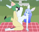 anthro blue_eyes blue_hair blush bouncing_breasts breasts duo female fountain fur green_hair hair kneeling looking_at_another looking_at_partner looking_pleasured male male/female nipples penetration picnic_blanket side_view simple_background spread_legs spreading vaginal vaginal_penetration white_body white_fur yellow_body yellow_fur max_draws canid canine fennec_fox fox lagomorph leporid mammal rabbit true_fox animated hi_res no_sound short_playtime webm