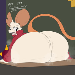 angry annoyed anthro big_butt bottom_heavy bottomless buckteeth butt butt_focus clothed clothing coat dialogue dust female flail frown fur hole_(pit) huge_butt hyper hyper_butt inconvenient_butt looking_at_own_butt looking_back melee_weapon musk musky_butt narrowed_eyes open_frown open_mouth rear_view red_clothing red_coat red_topwear shortstack shortstack_female solo stuck stuck_in_hole tail teeth text thick_thighs topwear weapon white_body white_fur wide_hips pleasantlyplumpthiccness mina_the_hollower yacht_club_games mina_(mina_the_hollower) mammal mouse murid murine rodent 2026 digital_drawing_(artwork) digital_media_(artwork) english_text hi_res