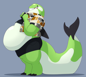 anthro belly big_belly black_bottomwear black_clothing black_shorts black_tail bottomwear clothing green_body green_eyes green_tail grey_background male shirt shorts simple_background smile solo tail topwear white_belly dolphinproject aquatic cetacean dolphin mammal oceanic_dolphin orca toothed_whale 2026