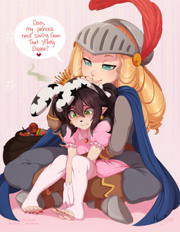blonde_hair caldron candy cloak clothed clothing dessert diaper dominant dominant_female dress duo female food hair headpat holding_partner knight_helmet legwear on_lap pink_clothing pink_dress rabbit_ears simple_background sitting_on_lap size_difference soiled_diaper stink_fumes stockings text unclean_diaper used_diaper wearing_diaper merunyaa ryhn lagomorph leporid mammal rabbit 2018 english_text hi_res