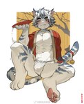 anthro asian_clothing blue_body blue_fur blush bulge clothing east_asian_clothing fur hair japanese_clothing looking_at_viewer male one_eye_closed pawpads sitting solo striped_body striped_fur stripes tail white_body white_fur milkybot onmyou_taisenki kogenta_(onmyou_taisenki) felid mammal 2023 hi_res