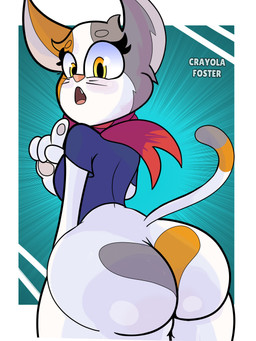 anthro big_butt bottomless butt clothed clothing fangs female looking_at_viewer mottled pattern_background piebald scarf shirt simple_background solo t-shirt teeth thick_thighs topwear yellow_eyes crayola_foster doodle_champion_island_games google google_doodle olympics lucky_(google) calico_cat domestic_cat felid feline felis mammal 3:4 absurd_res hi_res