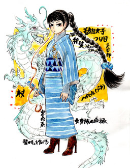 ambiguous_gender antlers barbel_(anatomy) black_hair black_text blue_clothing boots braided_hair braided_ponytail brown_boots brown_clothing brown_footwear brown_high_heeled_boots brown_high_heels brush clothed clothing comb_(brush) duo fangs feet female female_human feral flat_chested flesh_whiskers footwear hair hairbrush high_heeled_boots high_heels holding_brush holding_comb holding_hairbrush holding_object horn humanoid_hands looking_at_viewer mane open_mouth ponytail scales serpentine shoes simple_background talons teeth text toes kyokyota mythology dragon eastern_dragon human mammal mythological_creature mythological_scalie scalie 2014 absurd_res hi_res japanese_text painting_(artwork) pen_(artwork) traditional_media_(artwork) traditional_painting_(artwork) traditional_watercolor_(artwork) translation_request watercolor_(artwork)