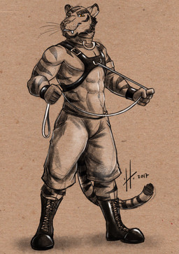 abs anthro beard boots bottomwear clothing collar facial_hair footwear glistening glistening_eyes harness looking_at_viewer male male_anthro markings muscular muscular_anthro muscular_male orange_eyes pants pecs shoes simple_background smile solo standing striped_arms striped_legs striped_markings striped_tail stripes tail tail_markings whiskers hufnaar felid mammal pantherine tiger 2017 absurd_res dated hi_res